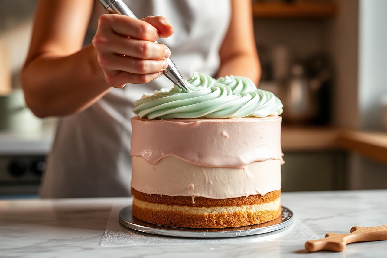Frosting a pastel cake in the Sweet Kravings home kitchen